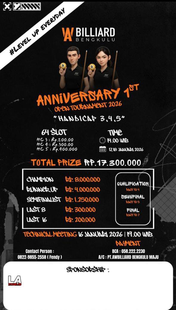 Open Turnamen Anniversary 1st AW Billiard Bengkulu Siap Digelar 17–18 Januari 2026